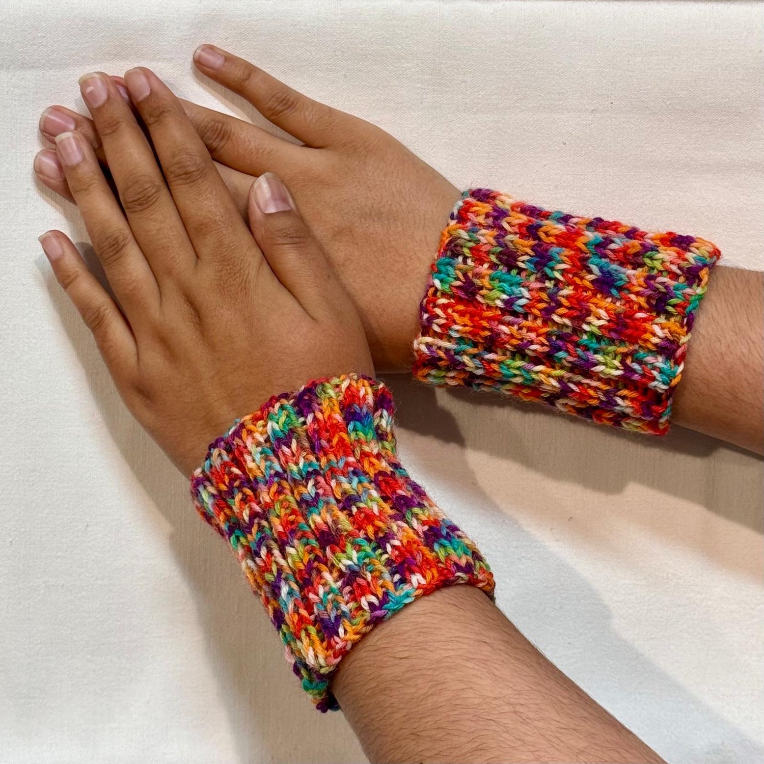 Rainbow colour wrist warmers