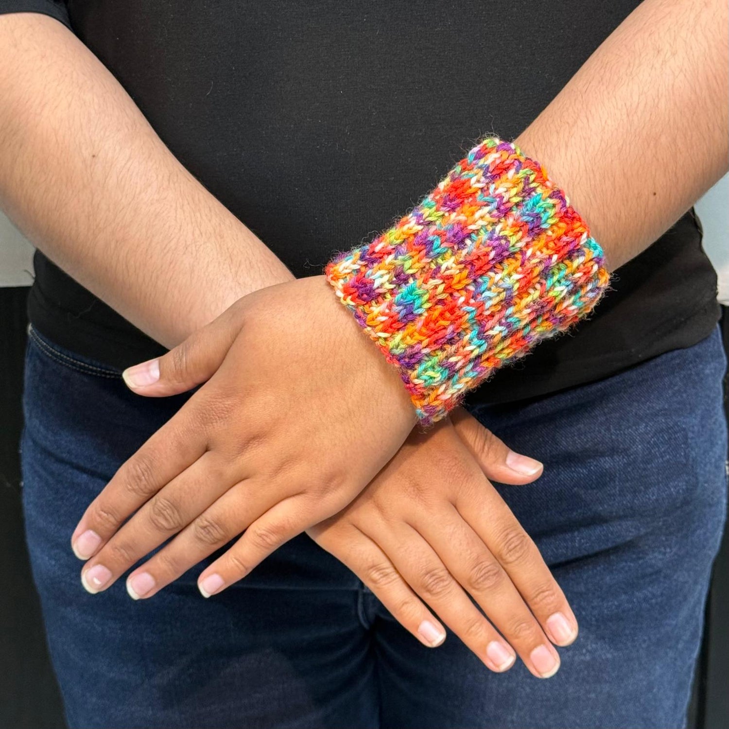 Rainbow colour wrist warmers