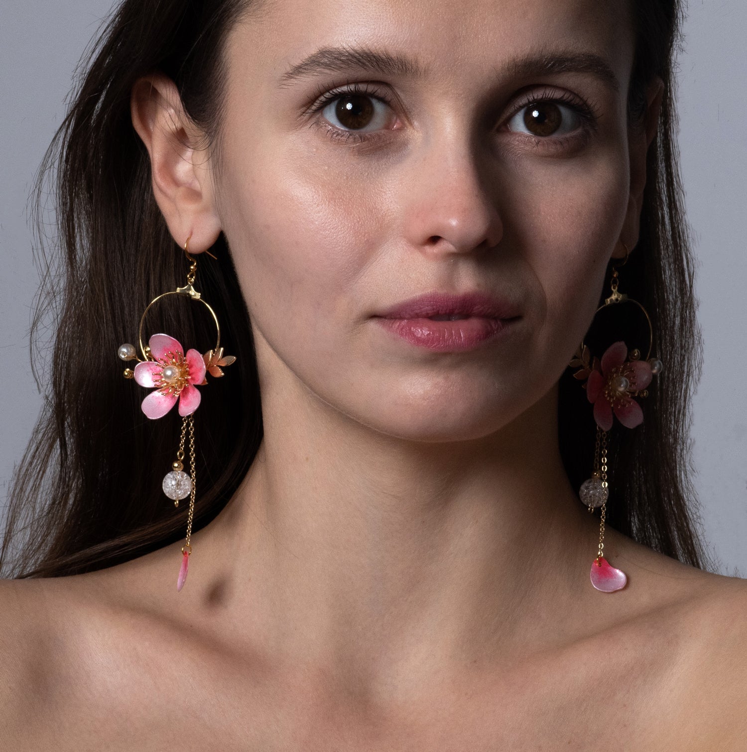 Cherry blossom sakura moon drop earrings on model